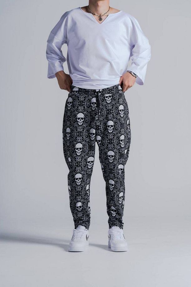 Erkek Desenli Beli Lastikli Siyah Şalvar Pantolon - 5