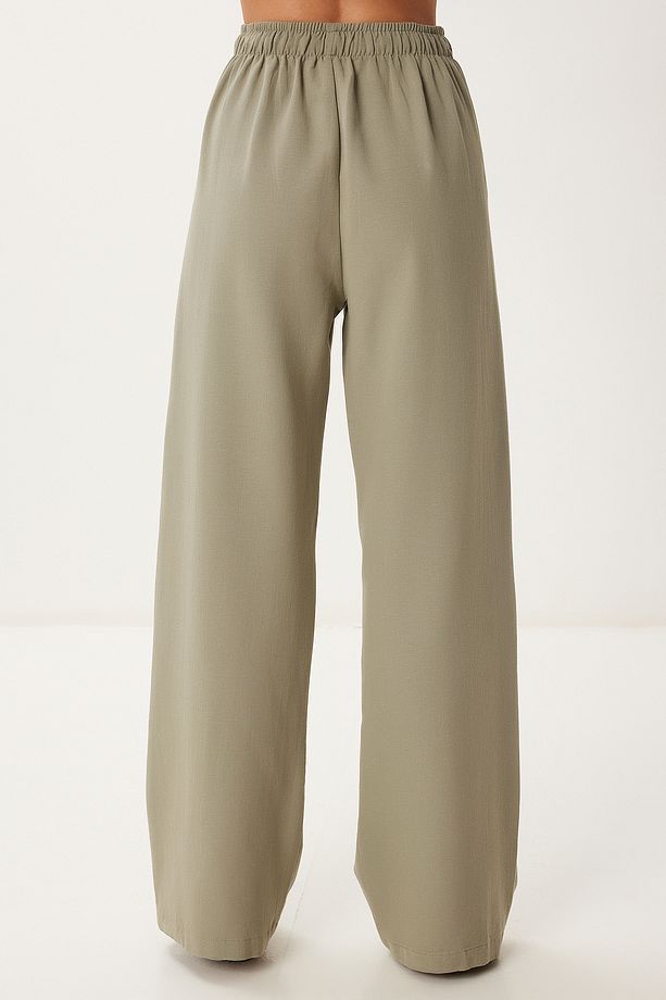 Cepli Geniş Paça Keten Pantolon HAKİ LBV0062 - 5