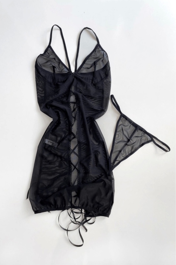 Black Transparent Ribbon Detailed Transparent Nightgown