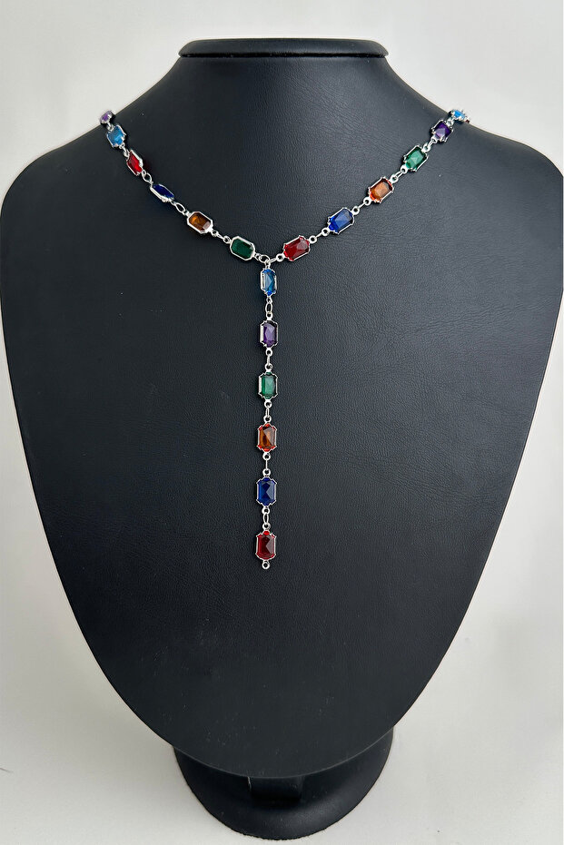 Colorful Rectangular Stone Low-Cut Y Necklace (56cm) - 1