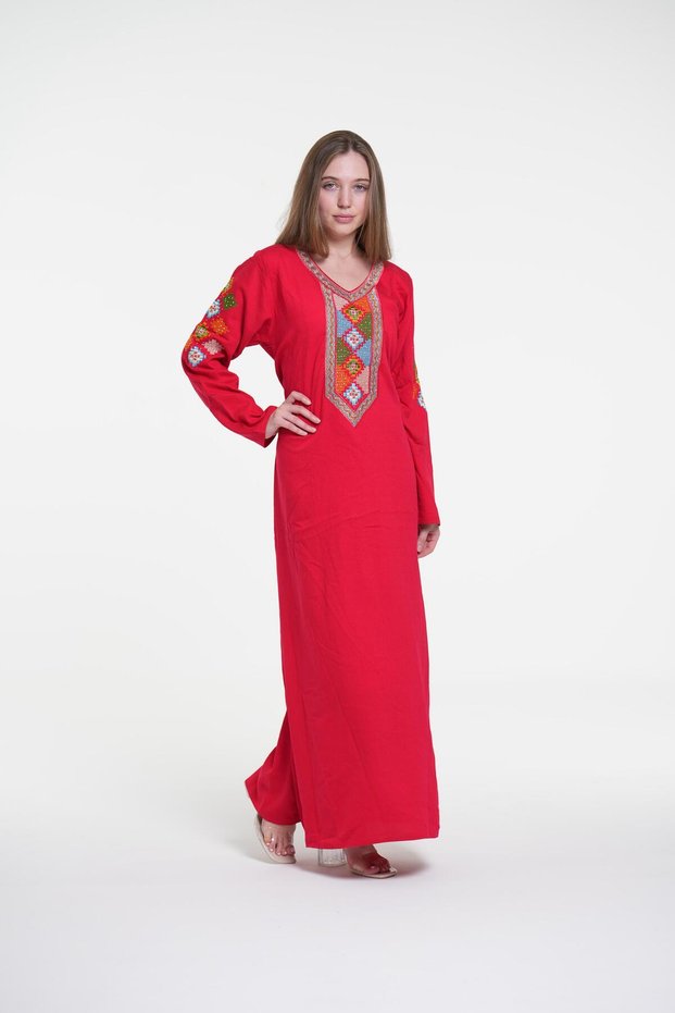 Ladies Printed Jalabiya - Full-Sleeve crepe Dress with belt