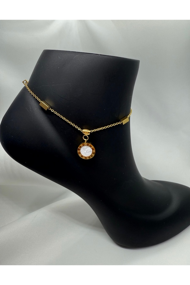 White Roman Numeral Dangle Gold Gold Color Steel Anklet