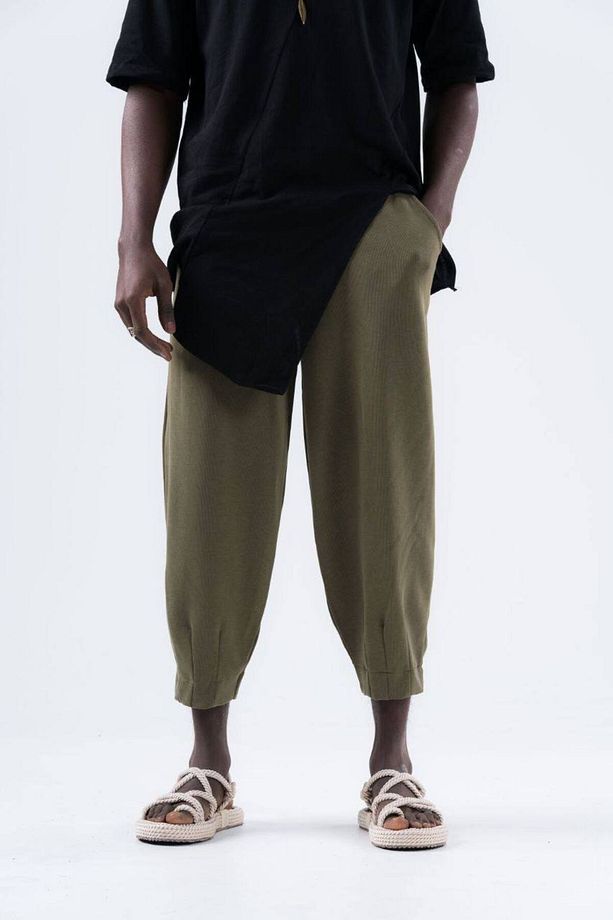 Erkek Bel Lastikli Bol Haki Jogger Şalvar Pantolon - 4