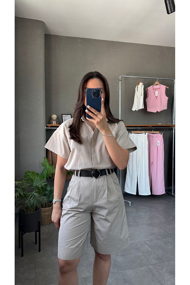 Gabardin Gömlek Kemerli Bermuda Şort Takım - 5