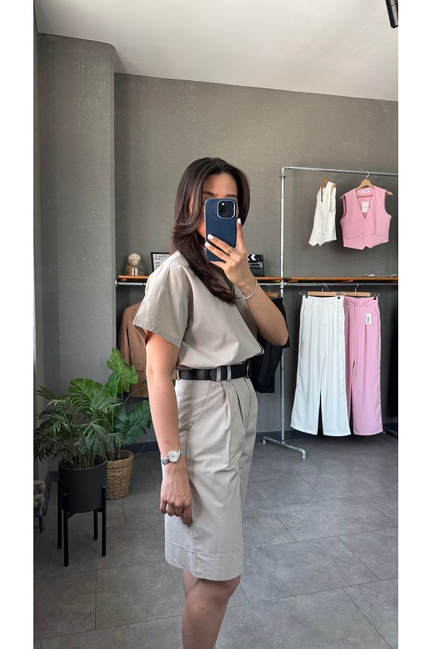 Gabardin Gömlek Kemerli Bermuda Şort Takım - 6