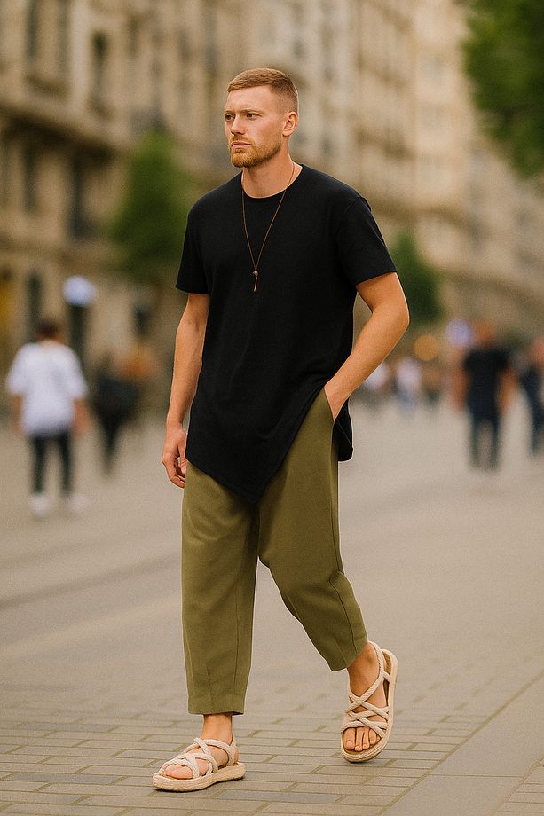 Erkek Bel Lastikli Bol Haki Jogger Şalvar Pantolon - 1