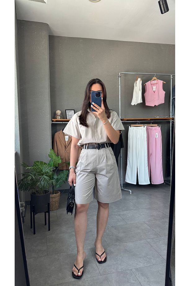 Gabardin Gömlek Kemerli Bermuda Şort Takım - 2