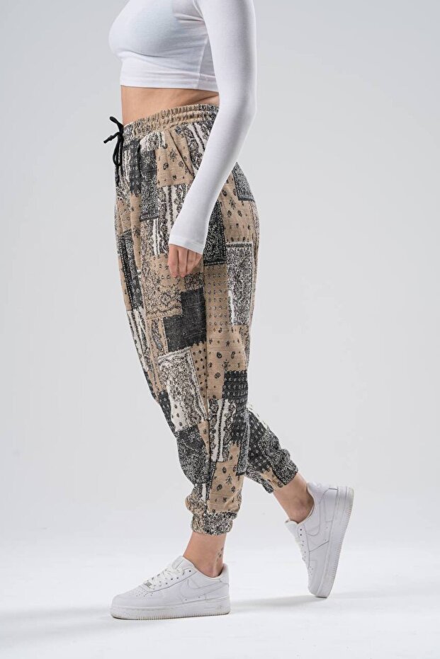 Kadın Desenli Yazlık Bej Jogger Şalvar Pantolon - 5