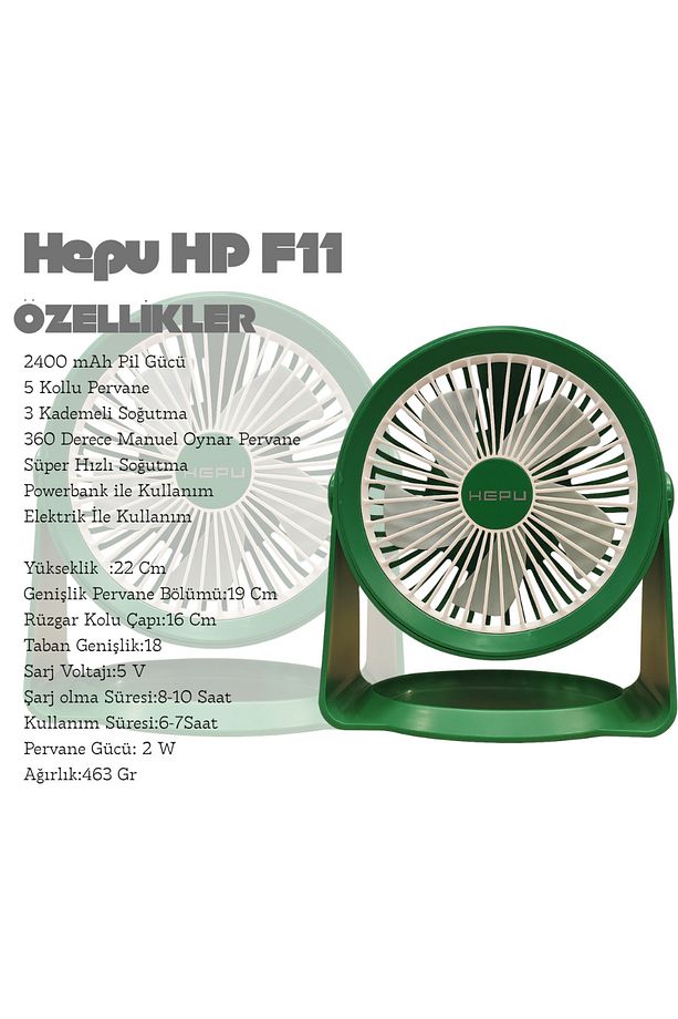 HP F06 Masa Üstü Şarjlı Vantilatör Hızlı Soğutma 2400 mAh Led Aydınlatmalı 5 Kollu 3 Kademeli - 4