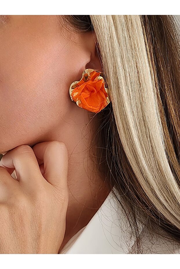 Textured Crown Leaf Flower Tulle Model Small Size Orange Earrings