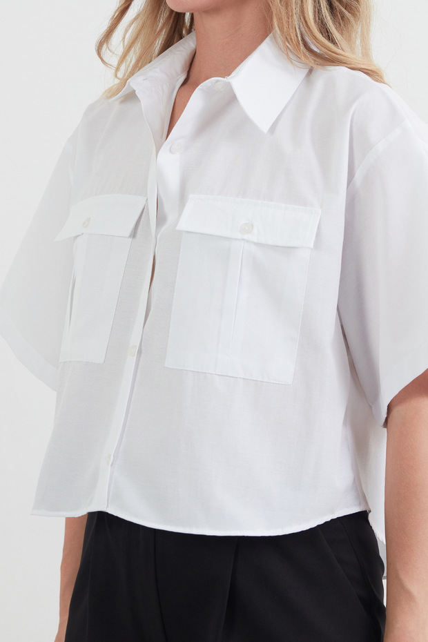 Basic Çift Cepli Arkası Uzun Crop Gömlek - 5