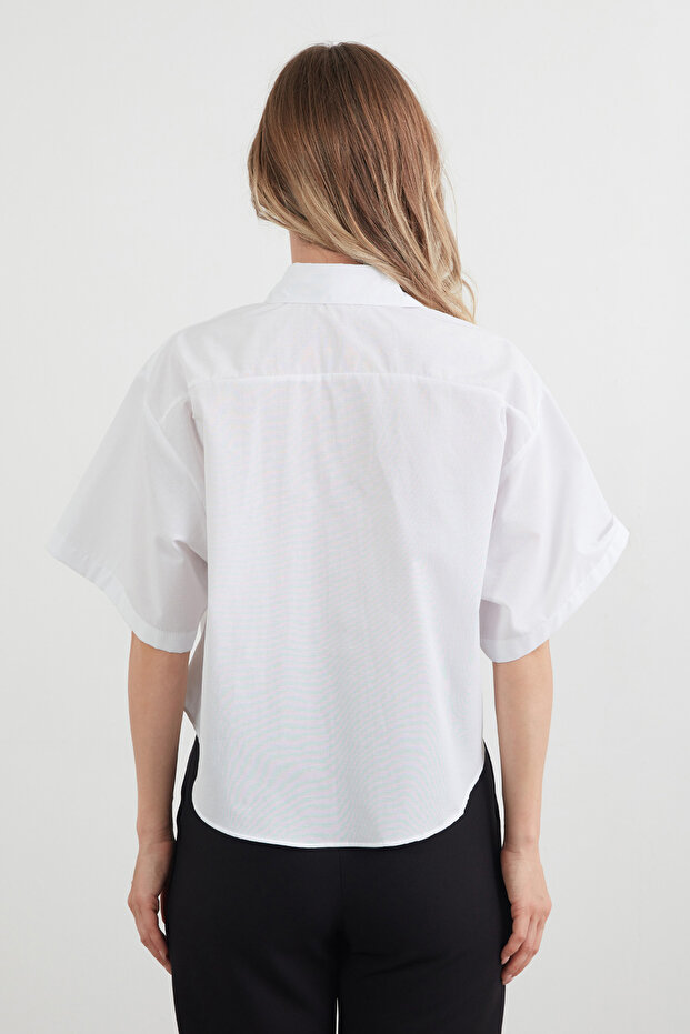 Basic Çift Cepli Arkası Uzun Crop Gömlek - 4