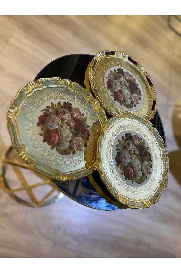 ESTERHOMEDECOR 3 Adet tek kişilik yuvarlak orijinal Gül ağacı sunum tepsisi 30cm - 1
