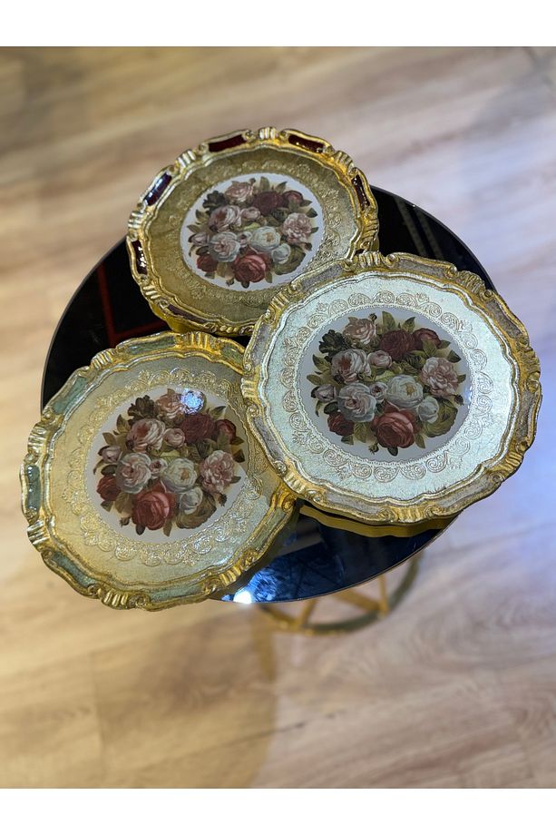 ESTERHOMEDECOR 3 Adet tek kişilik yuvarlak orijinal Gül ağacı sunum tepsisi 30cm - 4