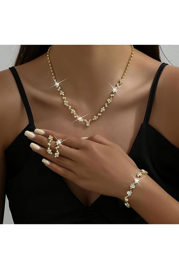 Gold Kaplama Kıraliyet Işıltısı Kolye Küpe Ve Bileklik Seti 3'lü Set Davet Düğün Nişan Abiye - 3