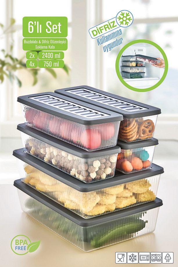 6'Lı Set Buzdolabı Organizer Mikrodalga ve Difrize Uygun Saklama Kabı 4 X 750 ml 2 x 2400ml - 1
