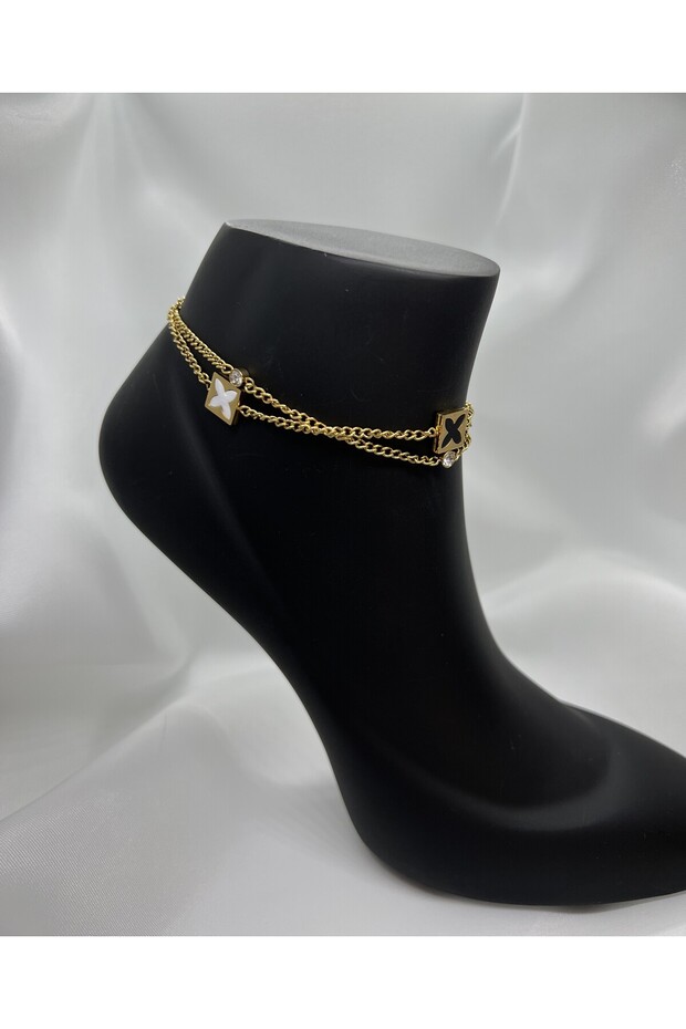 Minimal Modern Design Double Chain Zircon Stone Square Motif Gold Gold Color Steel Anklet