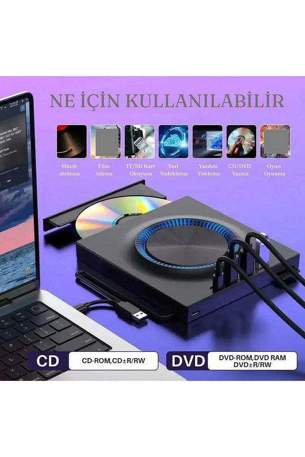 Çok İşlevli Harici USB 3.0 Type-C CD/DVD Yazıcı Okuyucu Laptop Mac Windows 11 - 2