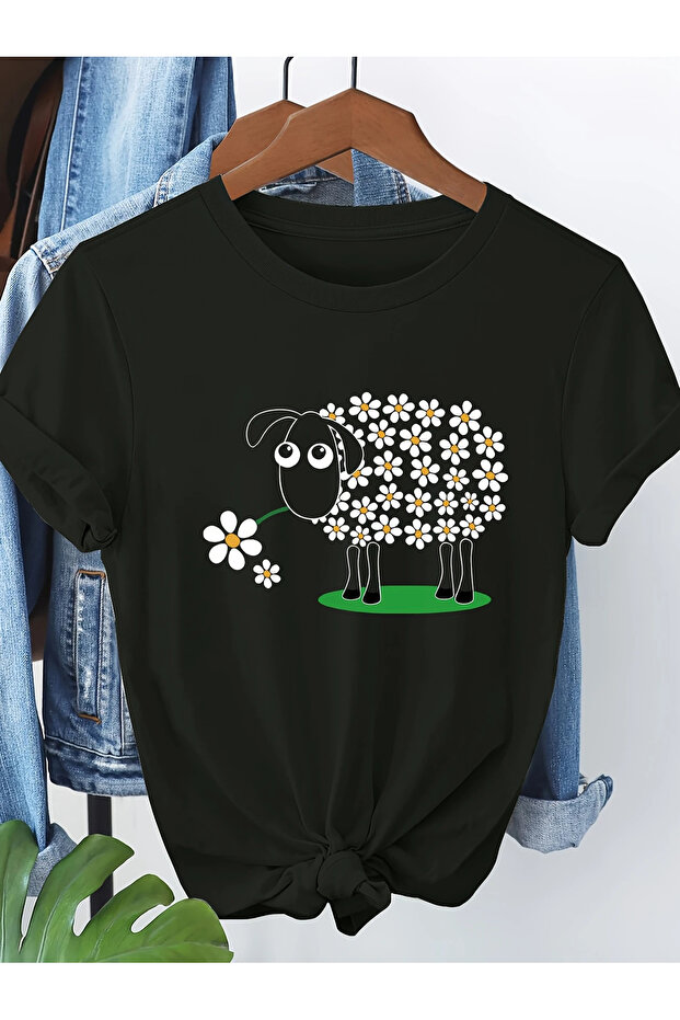 Sweet Lamb Printed Circle Neck Cotton Short Sleeve Women's and Children's Tshirt