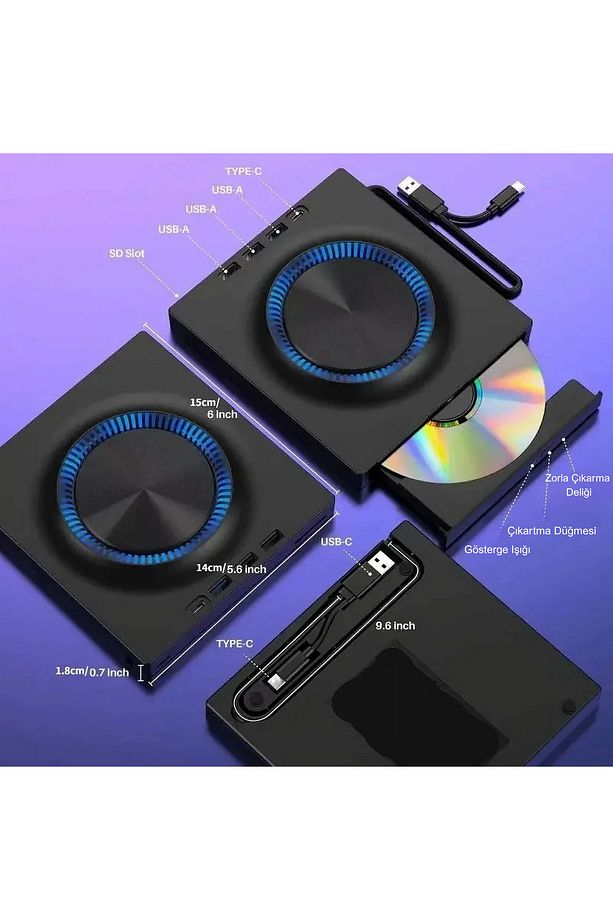 Çok İşlevli Harici USB 3.0 Type-C CD/DVD Yazıcı Okuyucu Laptop Mac Windows 11 - 6