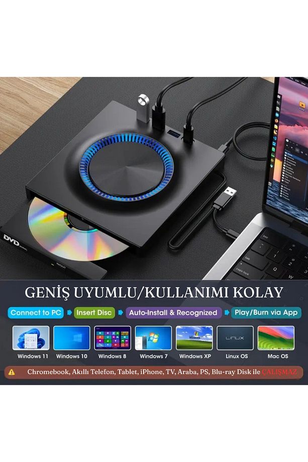 Çok İşlevli Harici USB 3.0 Type-C CD/DVD Yazıcı Okuyucu Laptop Mac Windows 11 - 4