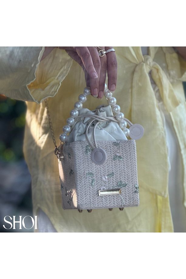 Pearl Bag Hasır Örme İnci Detaylı Kare Çanta - 2