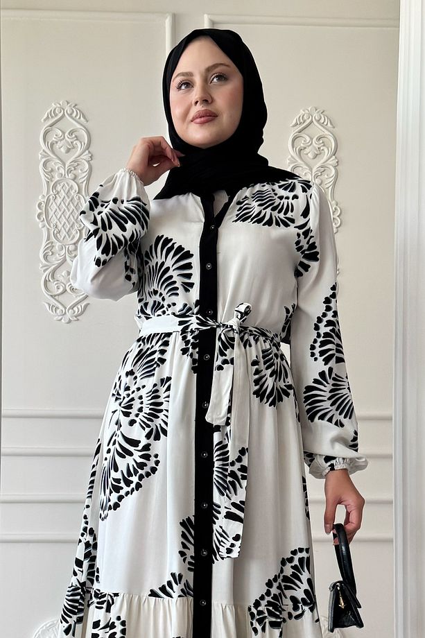 Dalgalı Yaprak Desen Siyah Viskon Elbise - 5