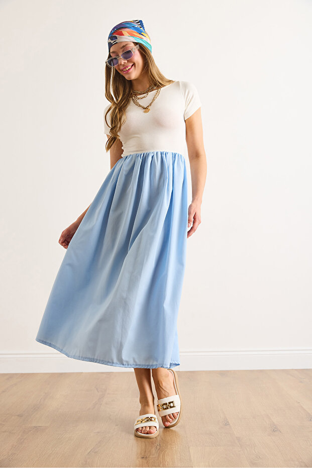 Kadın Ekru Mavi Garnili Kısa Kol Midi Elbise ELB-19002366 - 3