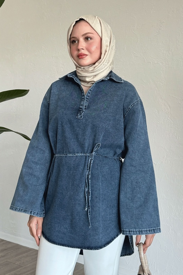 Wide Sleeve Drawstring Light Blue Denim Tunic