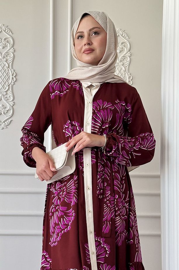 Dalgalı Yaprak Desen Mor Viskon Elbise - 5