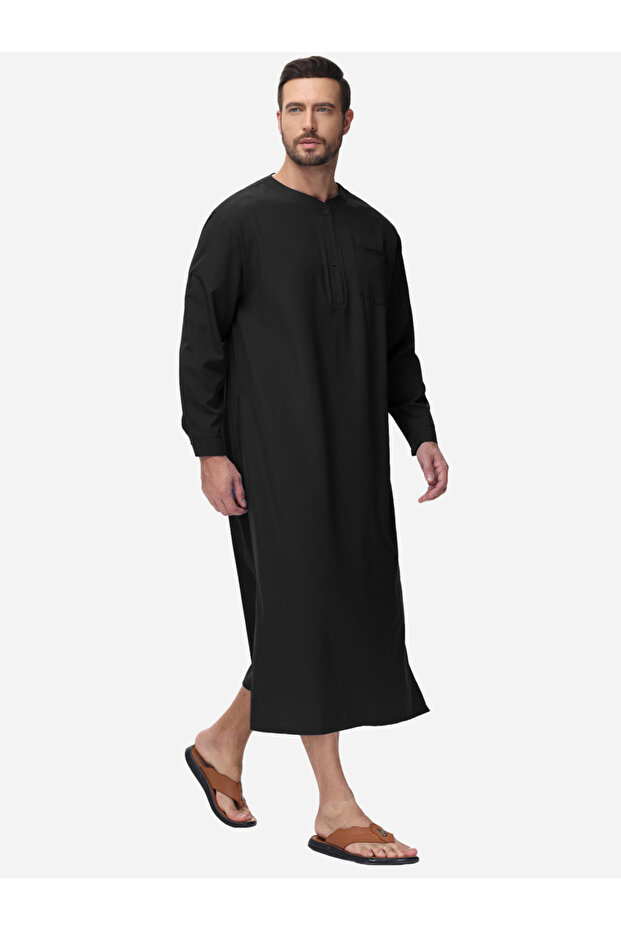 رداء سادة برقبة دائرية وأزرار أمامية وأكمام طويلة - 4