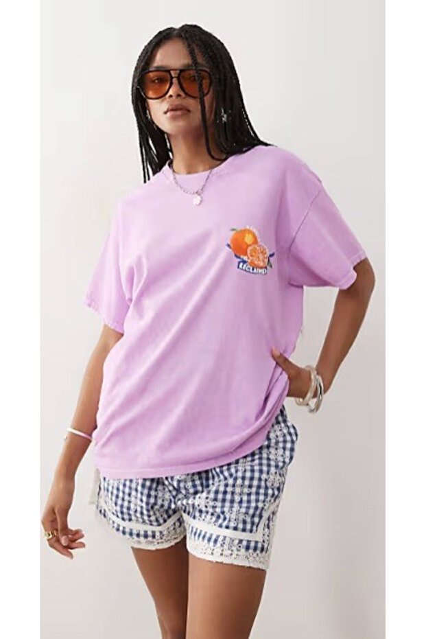 Women's Lilac Oversize Reclaimed Written Fruit Printed Summer T-Shirt