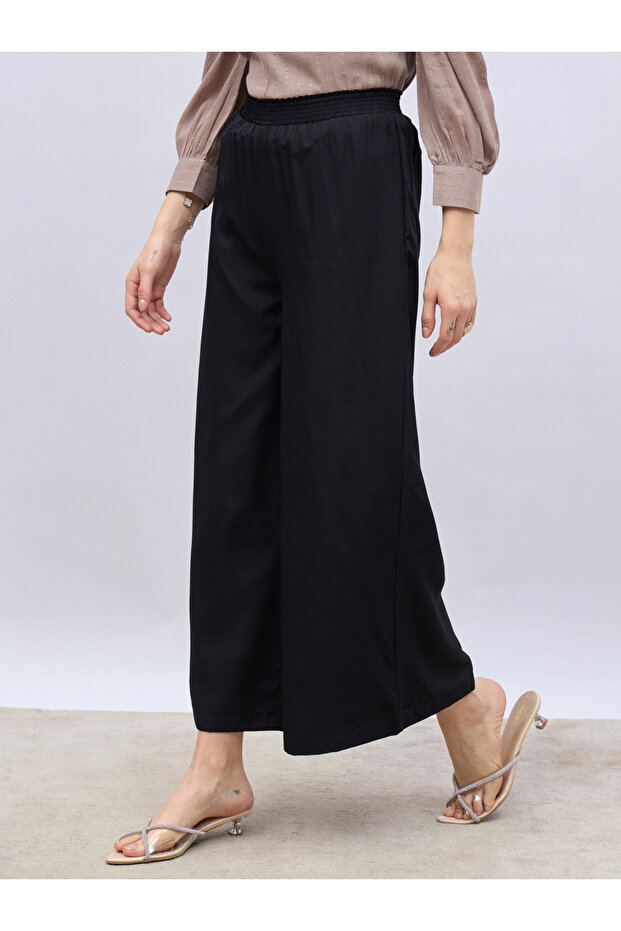 بنطال واسع الساق سادة مع حزام خصر مطاطي - 3