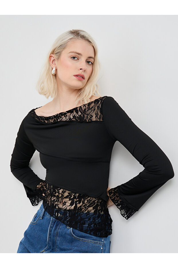 Solid Lace Detail Asymmetric Hem Top