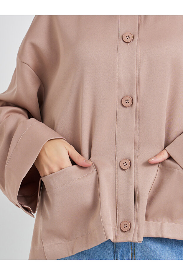 Solid Button Front Boxy Fit Jacket with Patch Pockets - 4