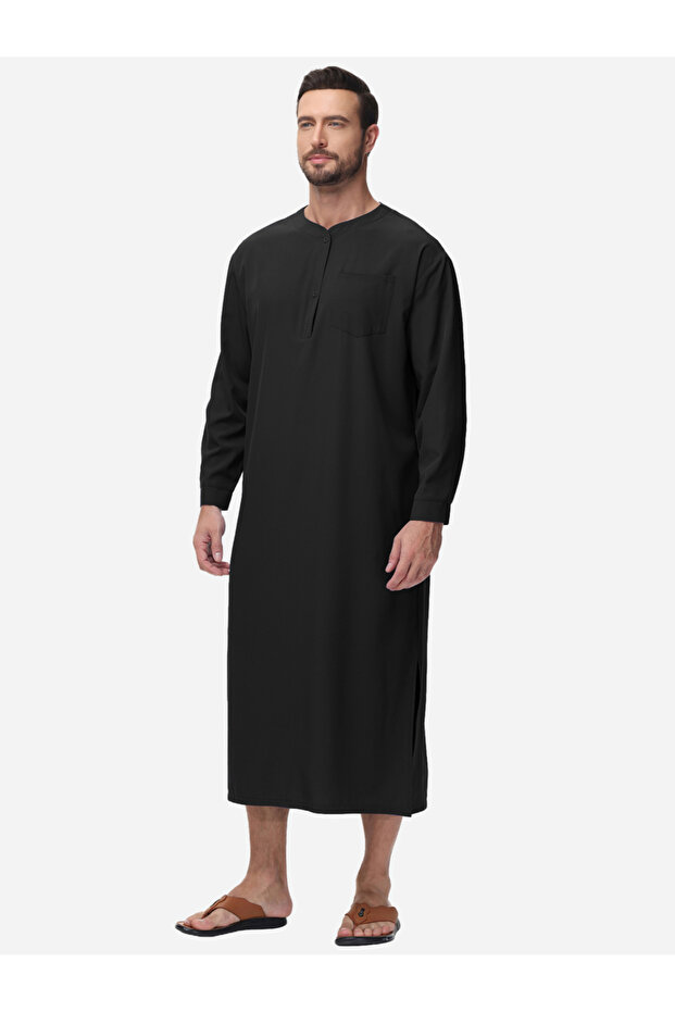 رداء سادة برقبة دائرية وأزرار أمامية وأكمام طويلة - 1