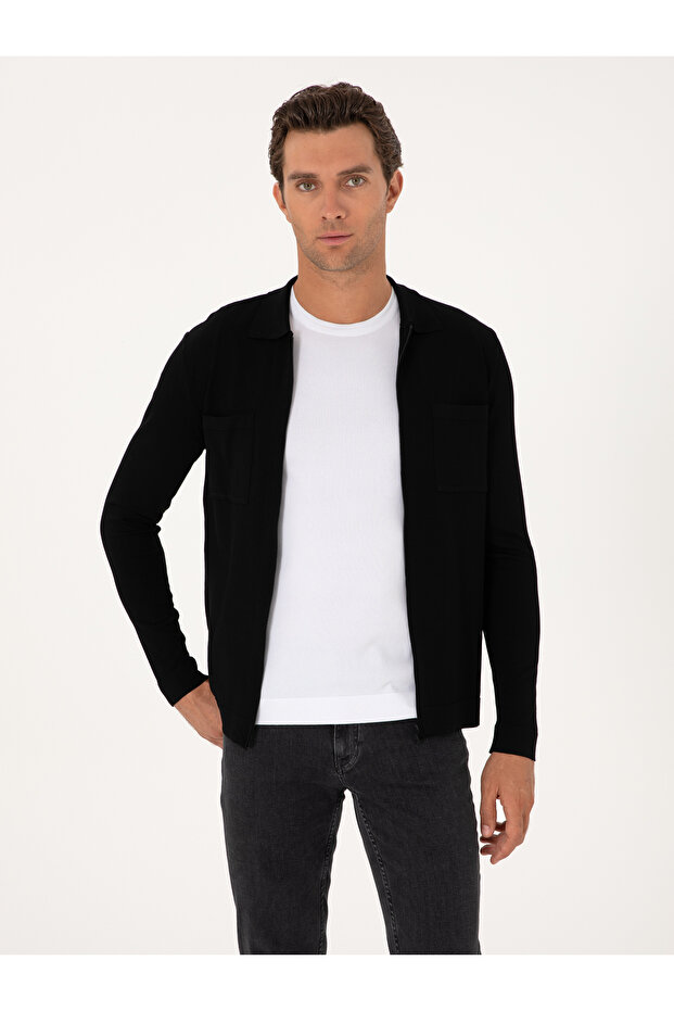 Black Regular Fit Zippered Knitwear Cardigan 50299420-Vr046