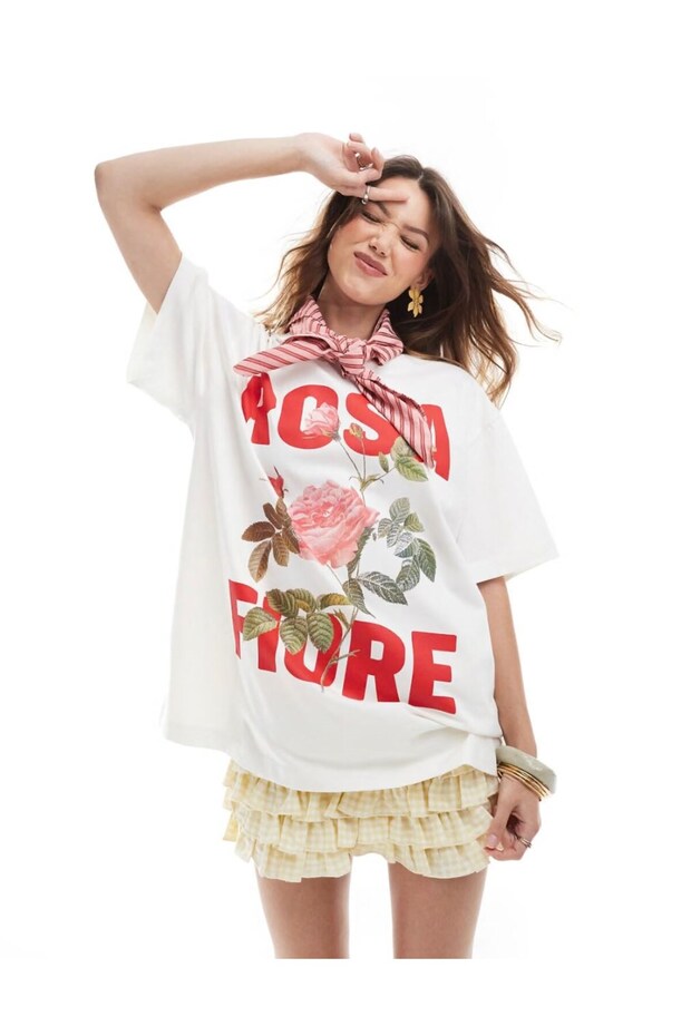Women's White Oversize Rosa Fiore Written Rose Patterned Summer T-Shirt