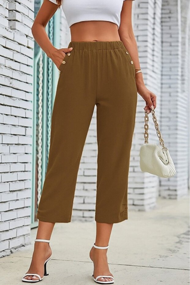 Women's Elastic Waist Button and Pocket Detailed Capri Imported Linen Trousers