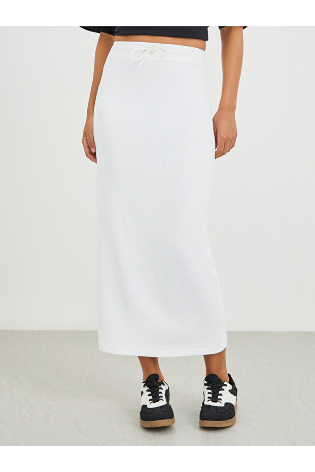 Solid Knitted Terry Shift Midi Skirt - 2