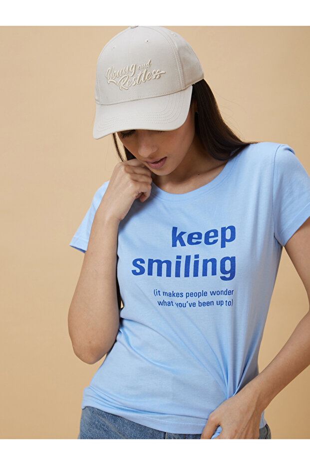 Slogan Print Round Neck Cotton T-Shirt
