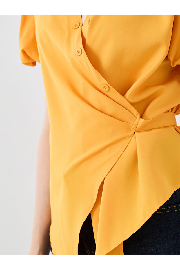 Solid Puff Sleeve V-Neck Wrap Top - 3