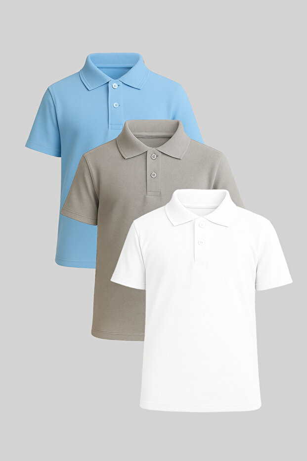 Children's Polo Neck Short Sleeve T-Shirt Set of 3 Blue Gray White