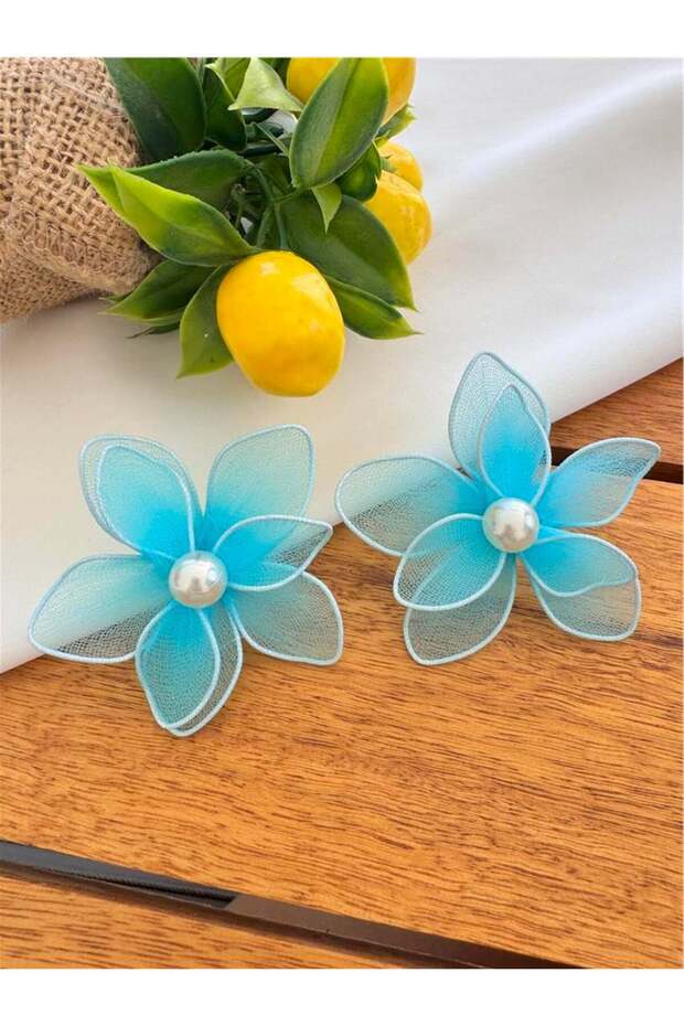 Blue Organza Fabric Pearl Big Flower Earrings