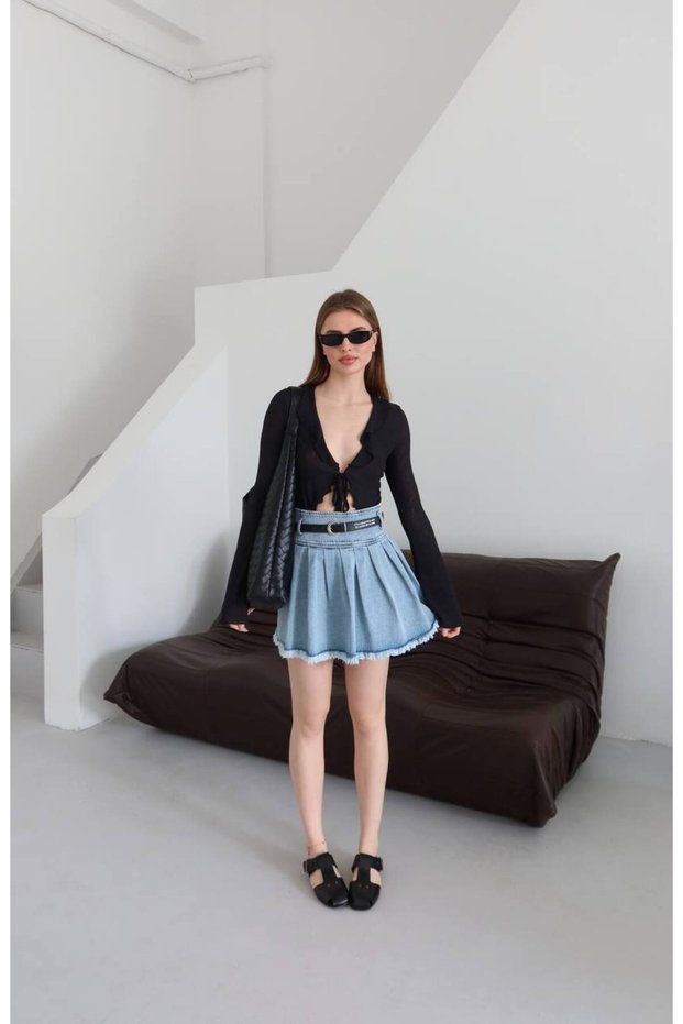 Women's Blue Denim Skirt with Belt and Pleated Elastic Waist