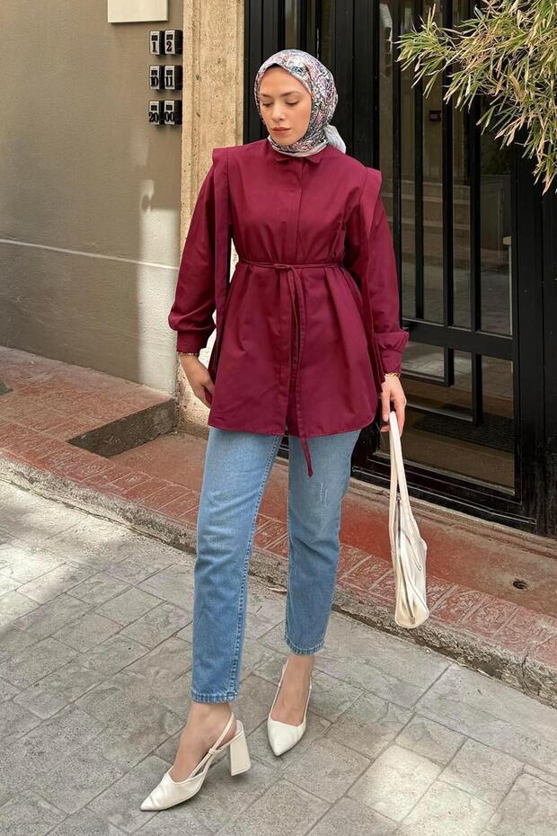 Waist Tied Shoulder Padded Shirt Burgundy