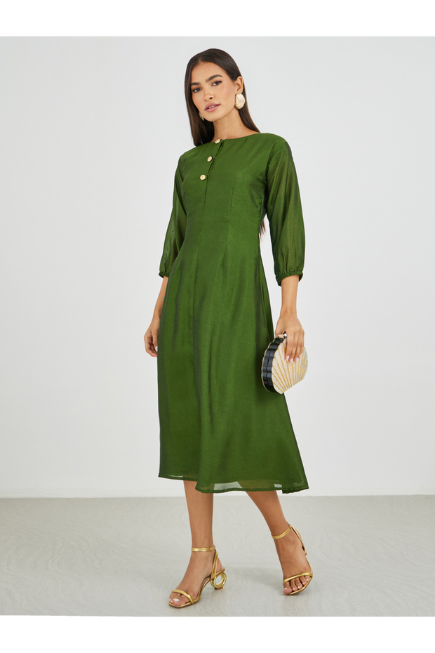 Solid Round Neck A-Line Midi Dress with Button Detail