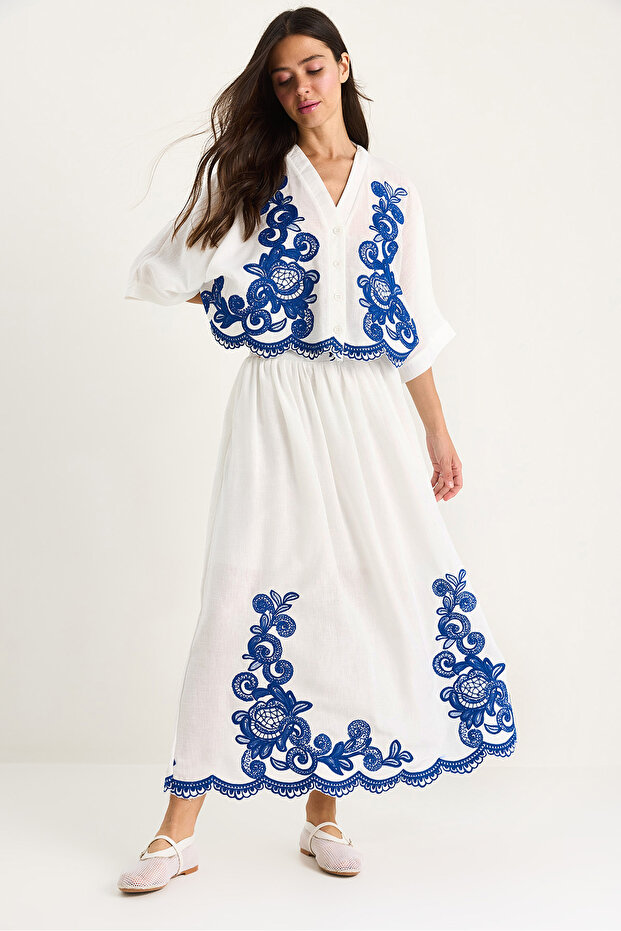 Women's White Navy Blue Embroidery Detailed Bat Sleeve Shirt Lined Skirt Bottom-Top Set 60283438