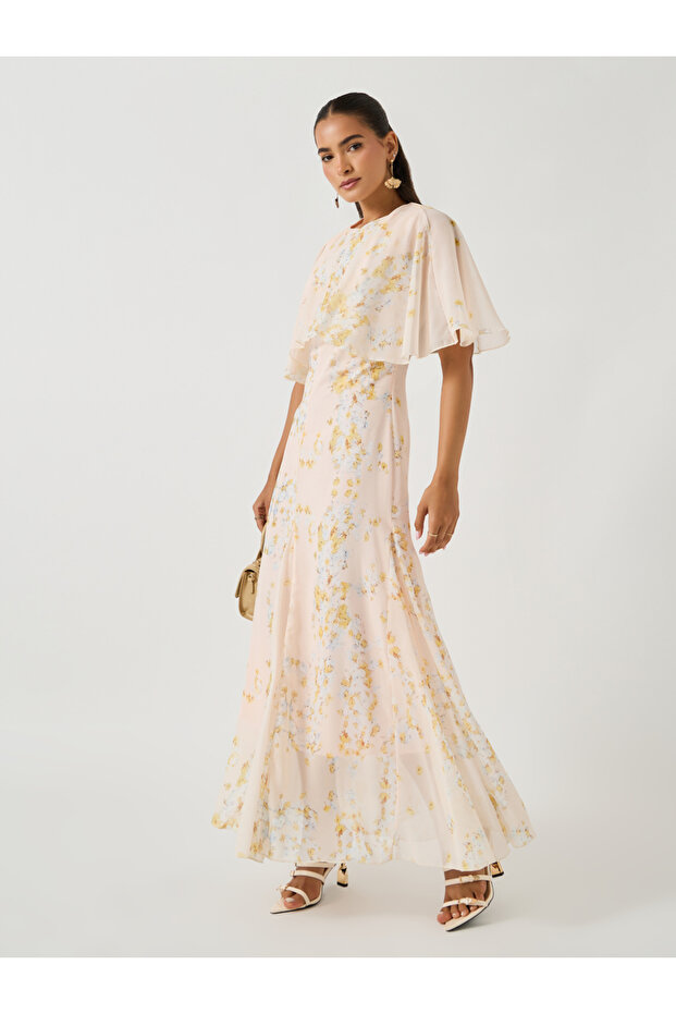 Floral Print Cape Sleeve Maxi Dress