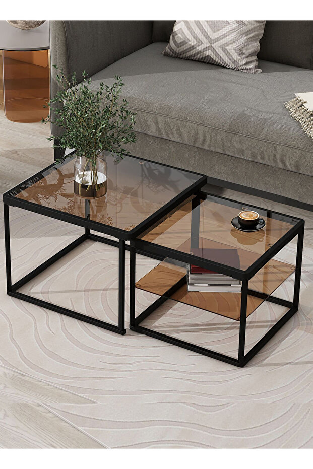 Modern Nested Coffee Table Set,brown Tempered Glass Side Table,end Table For Living Room - 2